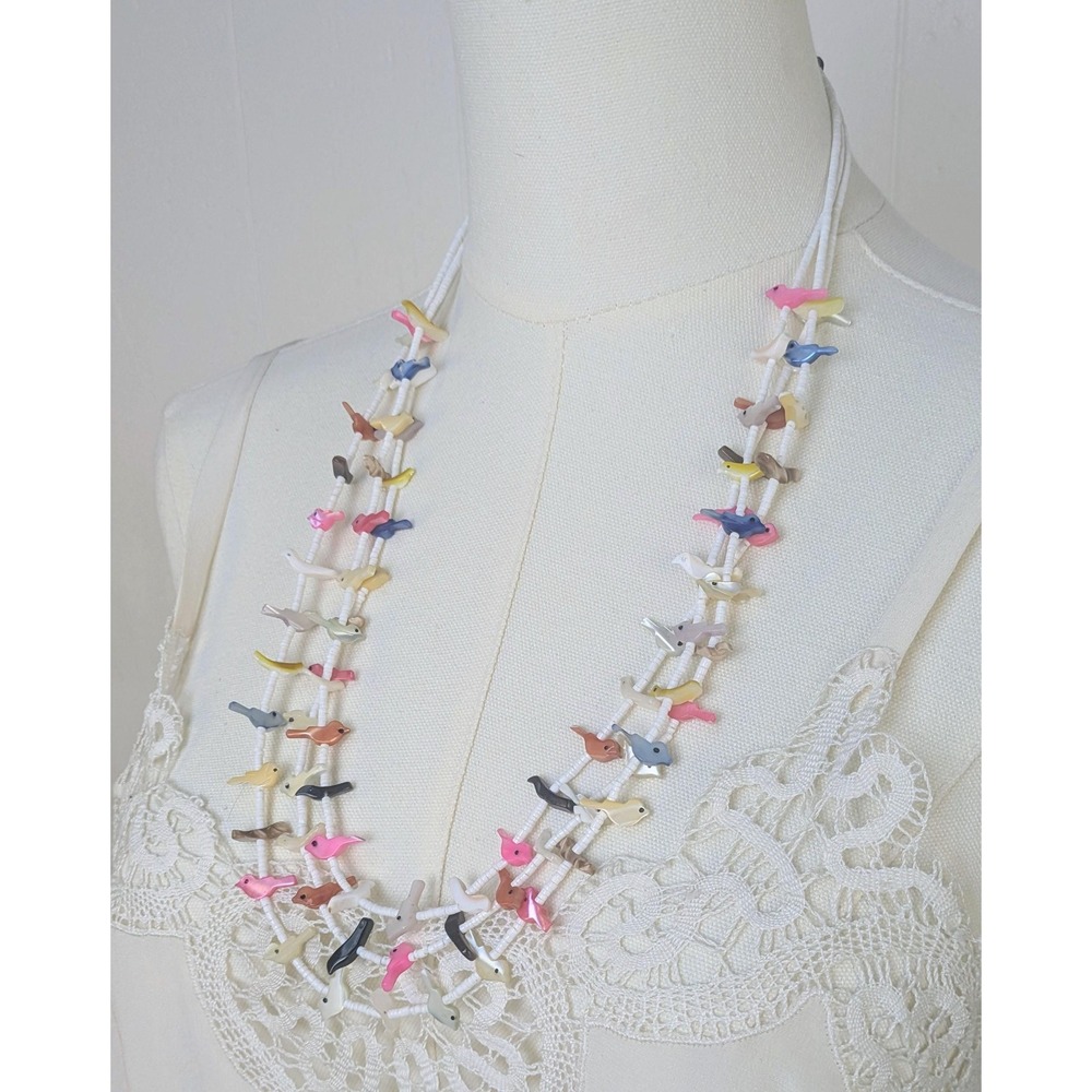 Vintage 1970s Zuni three strand fetish necklace | Heishi‎ beaded bird sterling